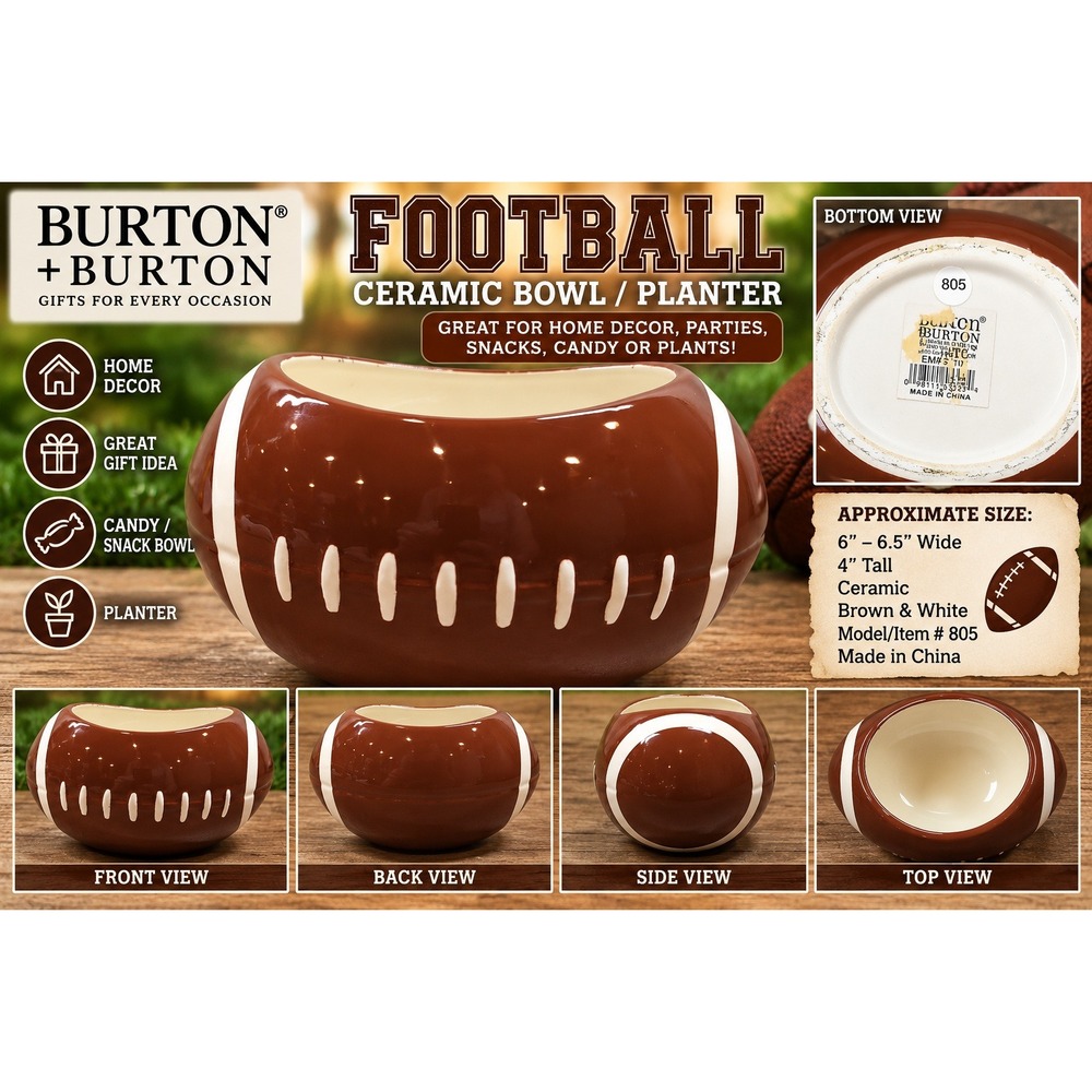 Burton + Burton Football Ceramic Bowl Planter Brown White 805 Sports Decor